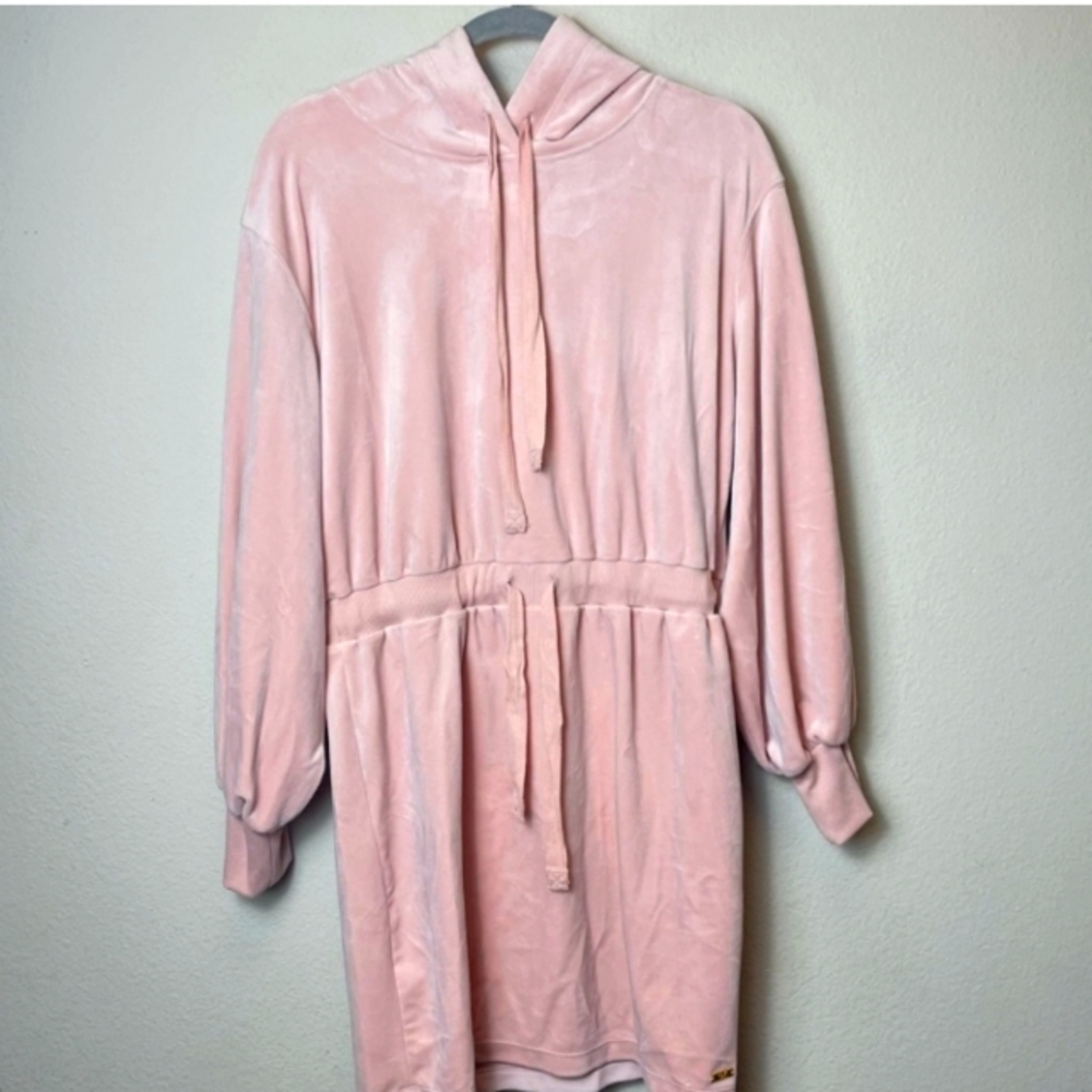 Calvin Klein Velour Pink Blush Hooded Mini Dress Balloon Sleeves Sz M